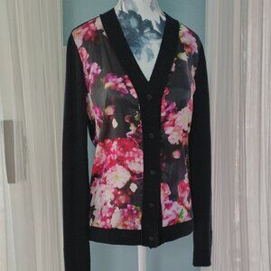 Pink Tartan Cardigan, Merino Wool with Floral Satin Front, XS